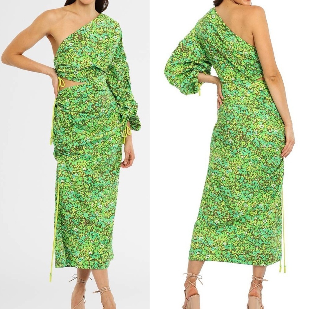 Alemais Phyllis Asymmetric Dress Green Organic Cotton Sz 8 US 4 Dopamine Resort